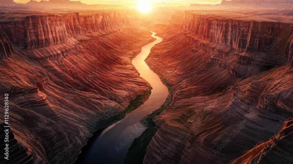 Sun illuminating the colorado river in grand canyon at sunset