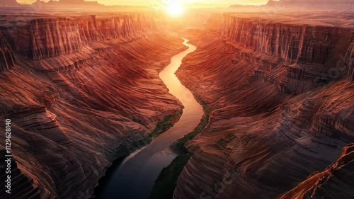 Sun illuminating the colorado river in grand canyon at sunset
