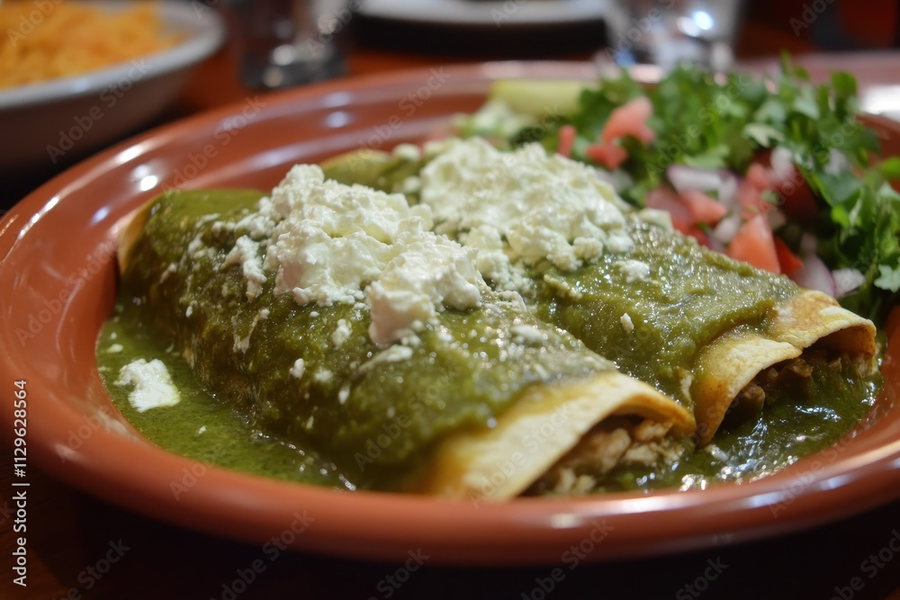 Green enchiladas are a traditional Mexican meal consisting of corn tortillas filled with shredded chicken and topped with spicy green sauce cream cheese and onions