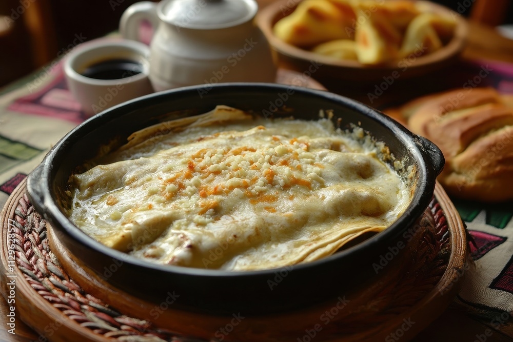 Green enchiladas with creamy chicken and cheese served with coffee and sweet Mexican bread Green enchiladas with creamy chicken and cheese served with coffee and sweet Mexican bread