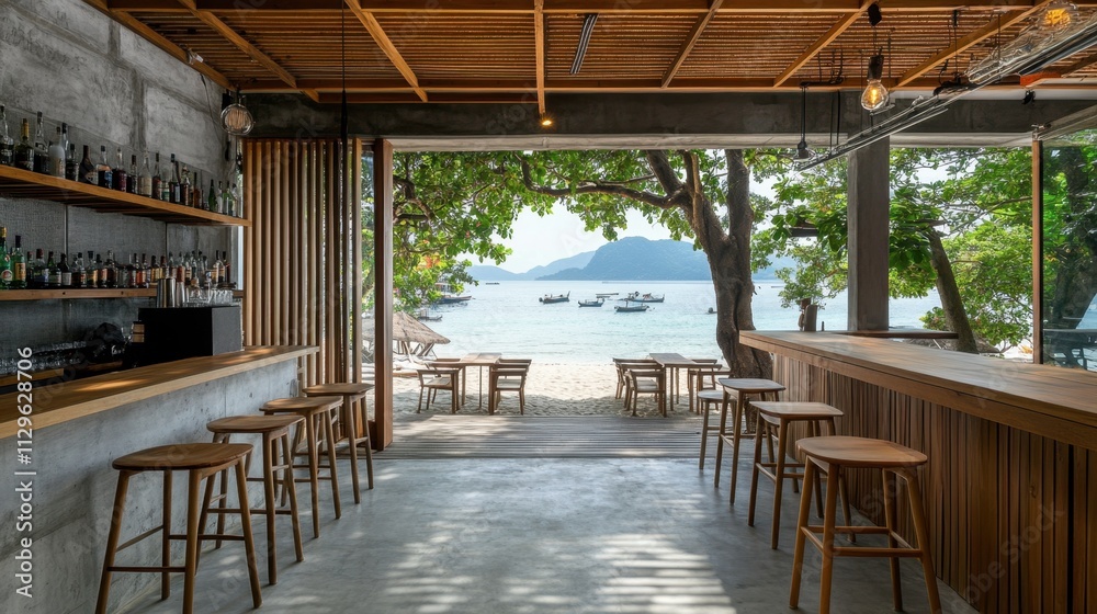 Cozy Beach Bar Interior Overlooking Tropical Paradise Scene