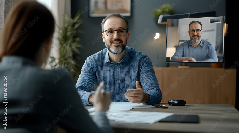 A man conducts a video conference with a colleague while meeting with a client in person. He gestures, engaged in a professional discussion. A man conducts a video conference with a colleague while meeting with a client in person. He gestures, engaged in a professional discussion.