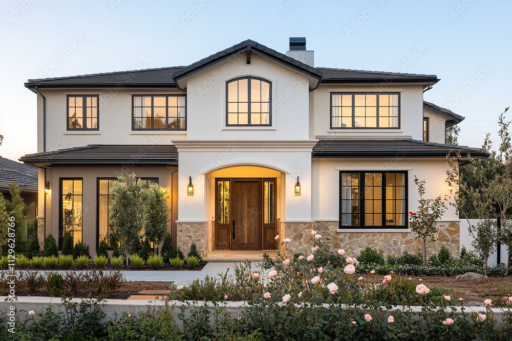 The front view of an elegant two-story luxury home in Livermore, California, with beautiful landscaping and bright lighting. It has white stucco walls and tan stone accents. The front view of an elegant two-story luxury home in Livermore, California, with beautiful landscaping and bright lighting. It has white stucco walls and tan stone accents.