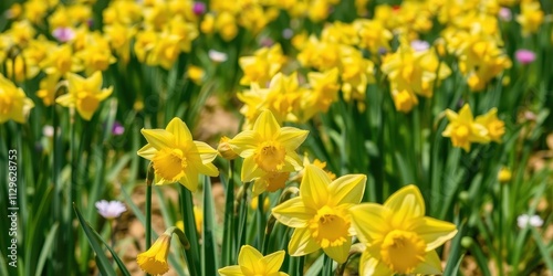 Vibrant yellow daffodil flowers blooming in a field under the bright sun, meadow, daffodil