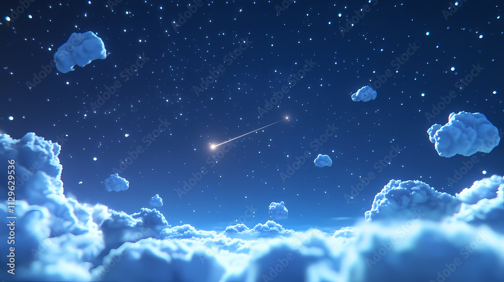 Fototapeta premium 3d cartoon rendering of a starry night sky featuring small clouds and a falling star during a meteor shower observation. Meteor. Illustration