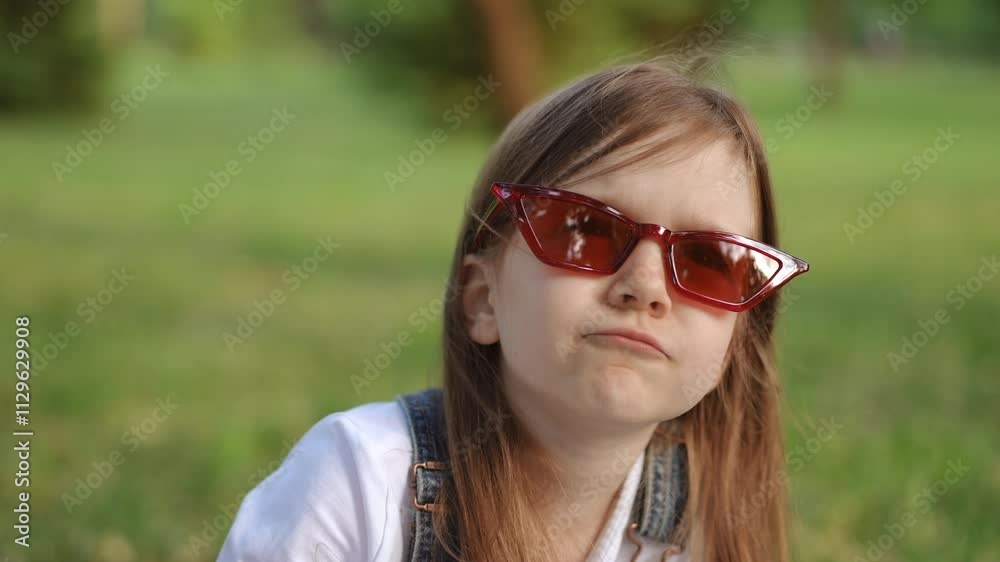 A young child is adjusting shiny red sunglasses with the assistance of an adult in a vibrant, lush green park A young child is adjusting shiny red sunglasses with the assistance of an adult in a vibrant, lush green park