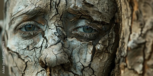 Close-Up of a Face Covered in Cracked Dried Mud, Creating an Intriguing Visual of Hardship, Survival, and Raw Emotion in a Striking Portrait photo