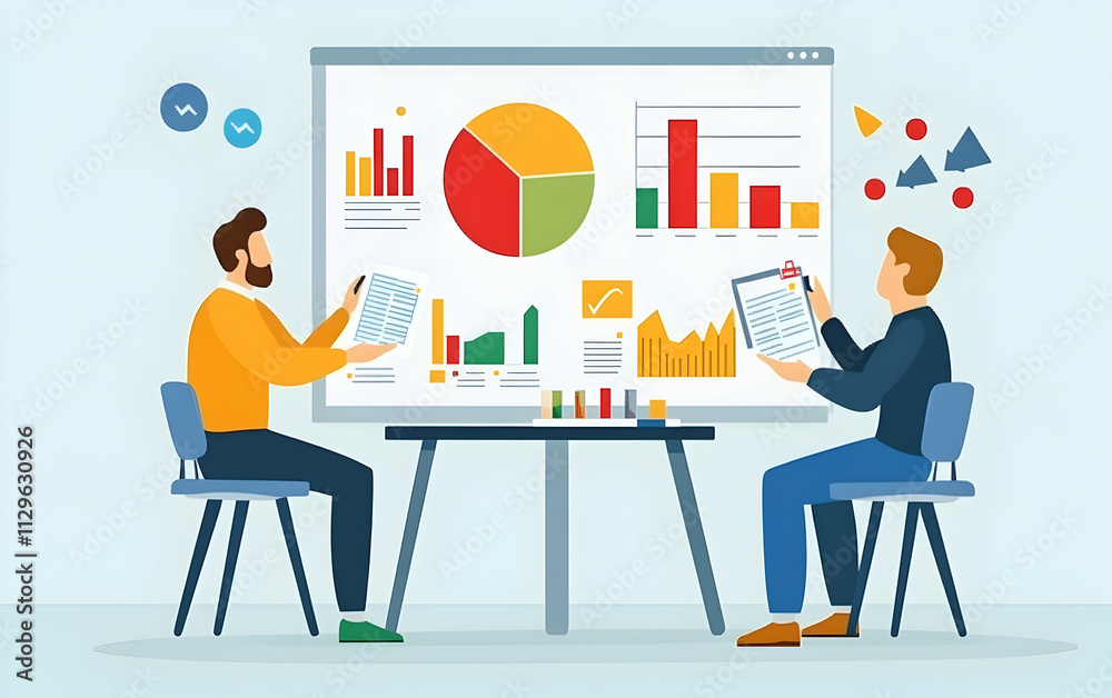 Creative coworkers presenting charts and graphs during a brainstorming session at work, AI Generated Creative coworkers presenting charts and graphs during a brainstorming session at work, AI Generated
