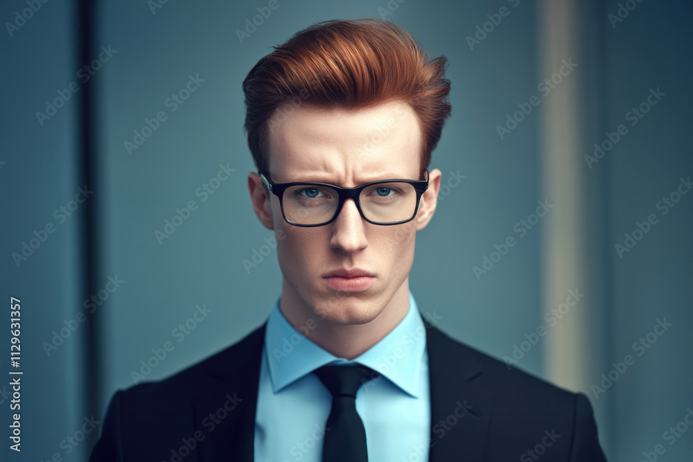 A sharply dressed man with red hair and glasses, wearing a business suit, stands against a blue-toned background with a focused, serious expression. A sharply dressed man with red hair and glasses, wearing a business suit, stands against a blue-toned background with a focused, serious expression.