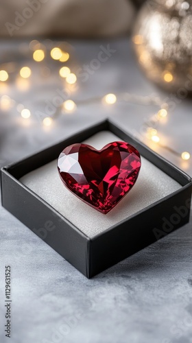 A striking red gemstone shaped like a heart sits in a black box filled with soft material. Surrounding the box is a scattering of golden confetti on a textured dark surface photo