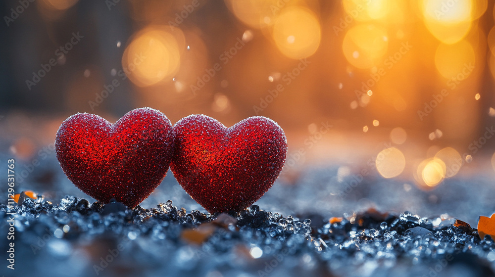 Two red hearts in the foreground, surrounded by a blurred background, symbolize love, romance, and affection, making it perfect for Valentine's Day, relationships, and heartfelt emotion