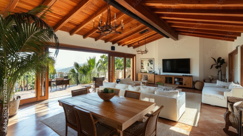 Obraz premium A warm living space featuring a wood-beamed ceiling, dining table, and sofas.