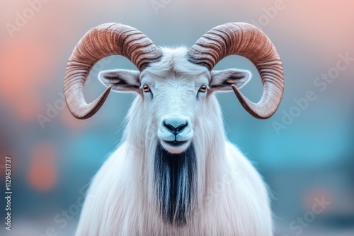 A portrait of a majestic goat with large curled horns, standing boldly against a soft, blurred background. The goat's intense gaze is captivating, embodying strength and wisdom. photo