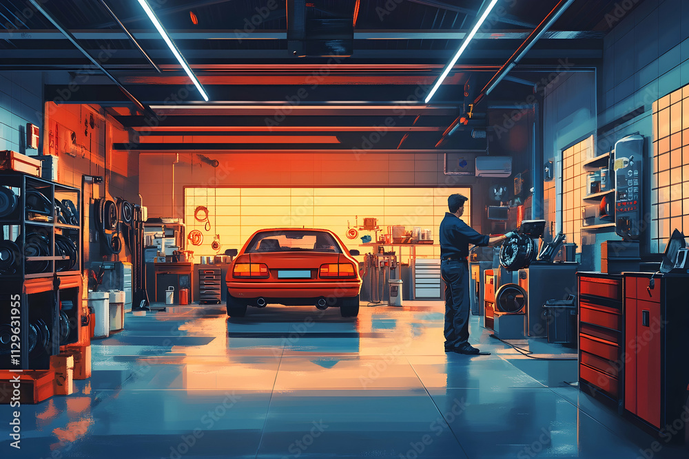Dedicated car mechanic meticulously repairing brakes in a modern auto garage, AI Generated Dedicated car mechanic meticulously repairing brakes in a modern auto garage, AI Generated