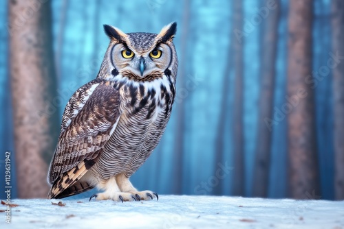 A great horned owl is perched amidst a snow-filled forest, looking into the distance. Its regal presence and keen gaze convey a sense of mystery and wisdom.