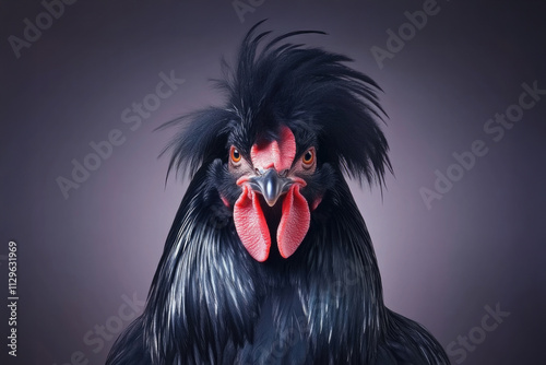 A striking black rooster is shown in a front view with a vibrant red comb. The contrast between its glossy feathers and the comb is eye-catching and bold.