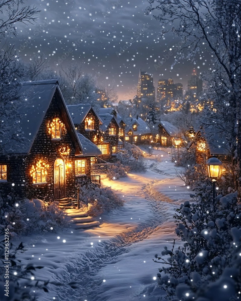 Fototapeta premium Christmas night in the snowy village