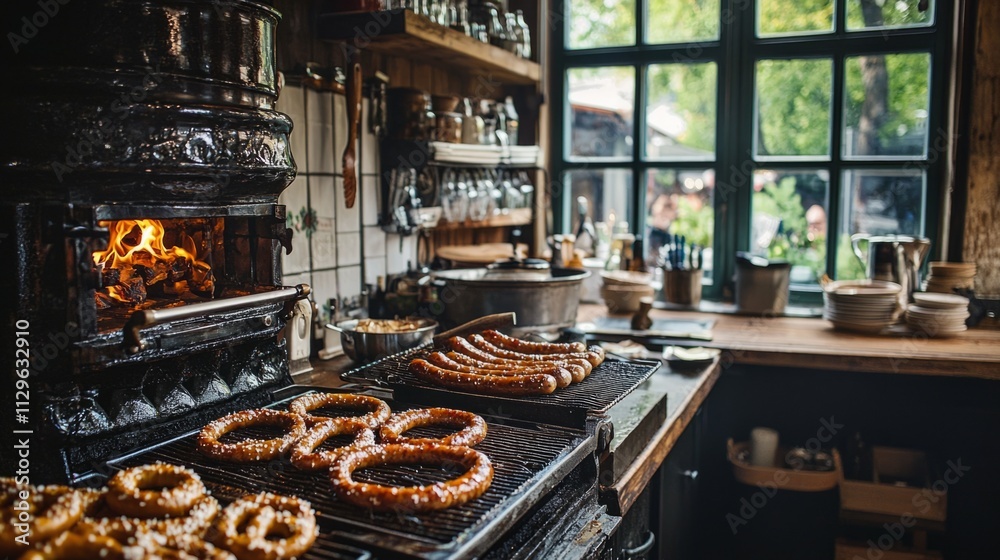 A warm German kitchen showcases sausages sizzling on the grill, surrounded by a charming array of kitchenware. Fresh air flows in through the window, hinting at outdoor gatherings