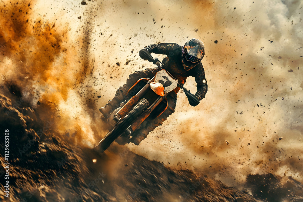 Dirt flying as a motocross bike powers through a challenging course, AI Generated Dirt flying as a motocross bike powers through a challenging course, AI Generated