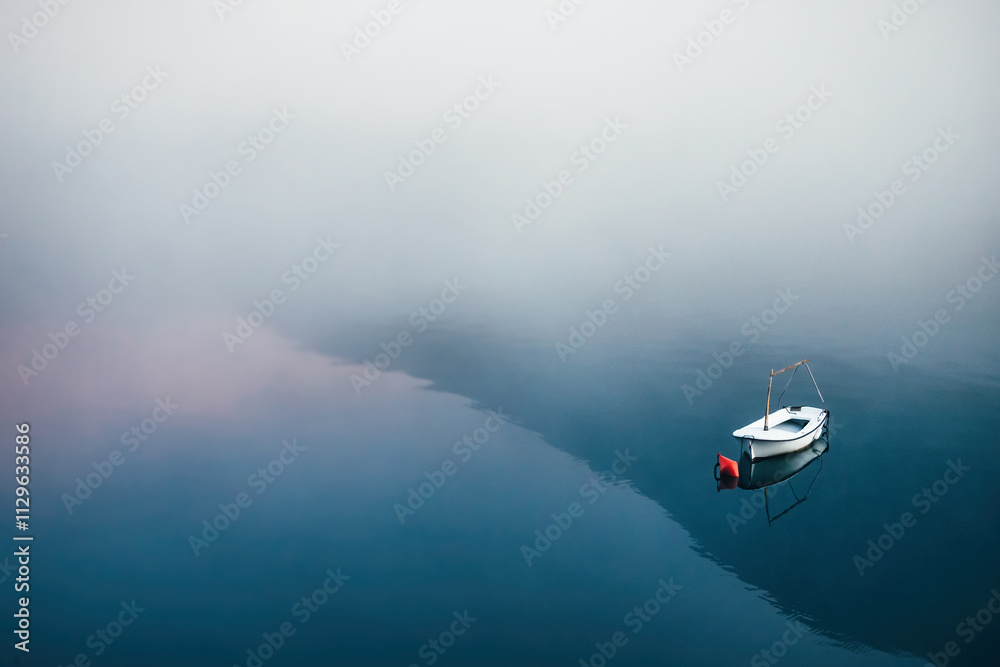 Naklejka premium Minimalist seascape featuring a small white boat on calm water with dense fog, pink and blue reflections, creating a serene and mysterious atmosphere
