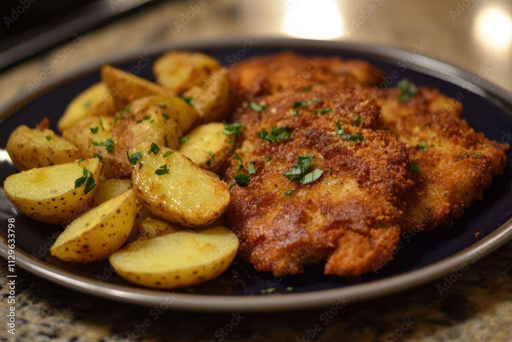 Homemade breaded German schnitzel served with potatoes Homemade breaded German schnitzel served with potatoes