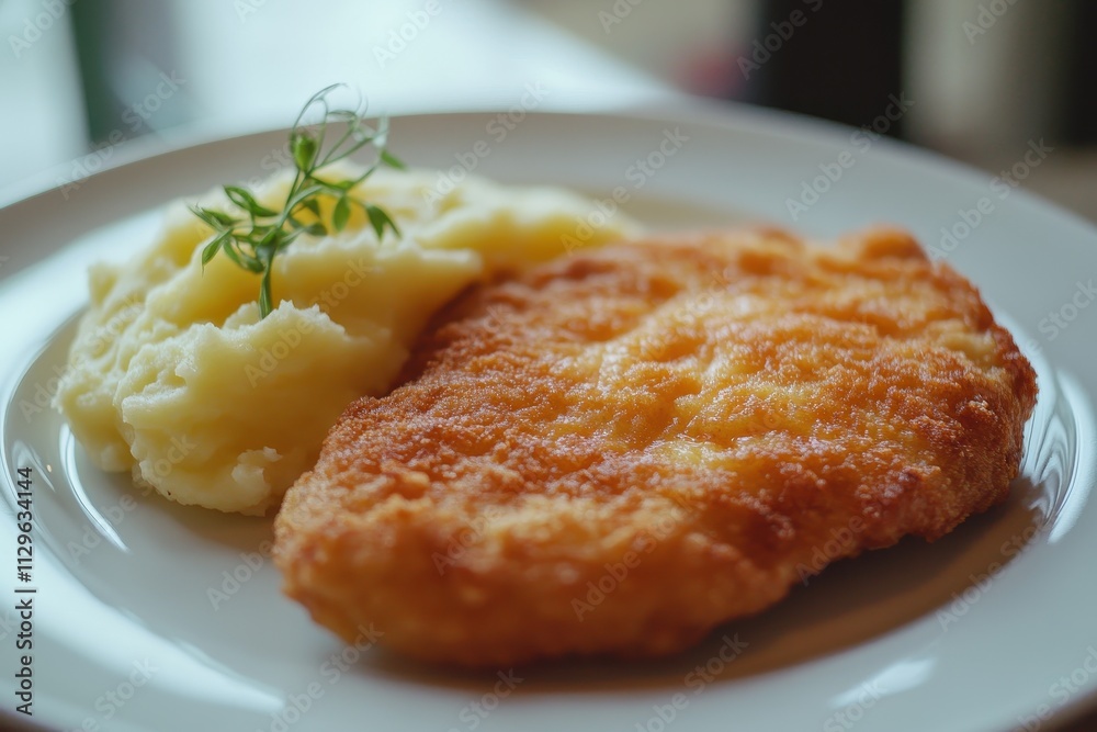 Homemade chicken cutlet on a white plate beside mashed potatoes Tasty golden crust on the meat Blurry background Homemade chicken cutlet on a white plate beside mashed potatoes Tasty golden crust on the meat Blurry background