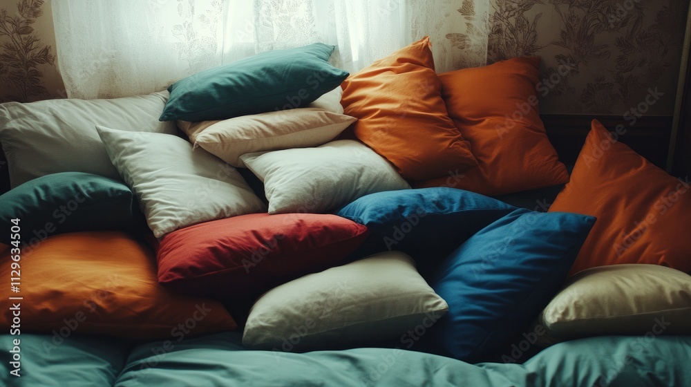 A cozy bed with an arrangement of soft pillows.
A cozy bed with an arrangement of soft pillows.
