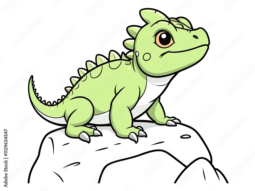 Fototapeta premium Adorable Baby Dragon on a Rock: A Whimsical Cartoon Illustration