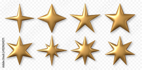 3D golden star. Christmas stars of various glossy shiny shapes. Realistic 3d metallic gold element with drop shadows. Vector trophy star isolated set.