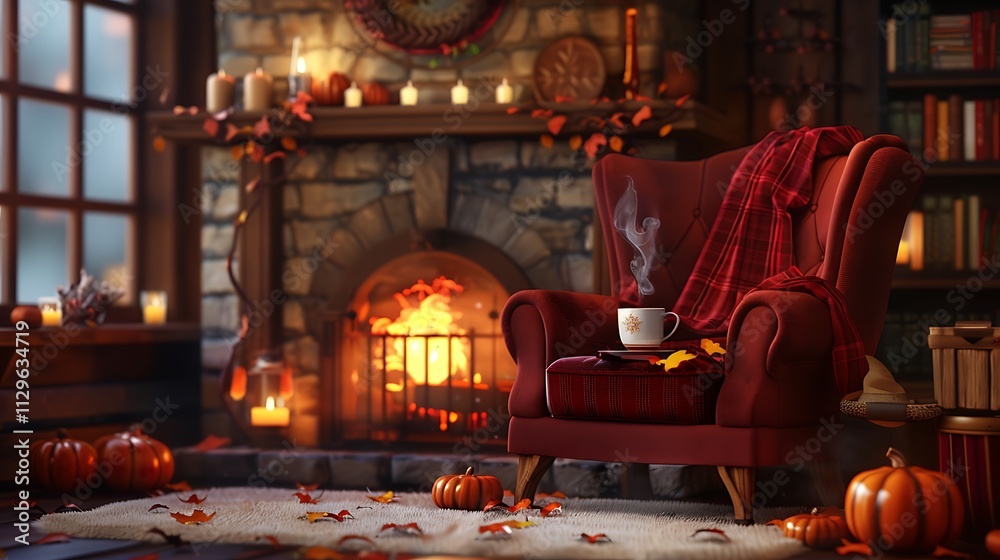 A cozy armchair by the fireplace with a mug of pumpkin spice tea, A cozy armchair by the fireplace with a mug of pumpkin spice tea,