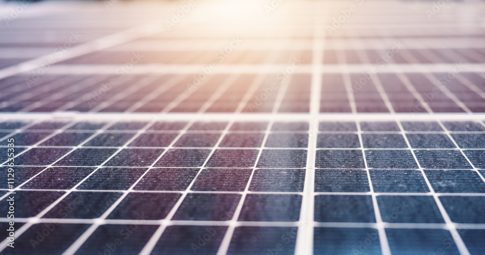 Closeup, lens flare and solar panel with sustainable electricity, eco friendly and clean production. Photovoltaic cell, grid and generation at renewable power station, alternative system and empty Closeup, lens flare and solar panel with sustainable electricity, eco friendly and clean production. Photovoltaic cell, grid and generation at renewable power station, alternative system and empty