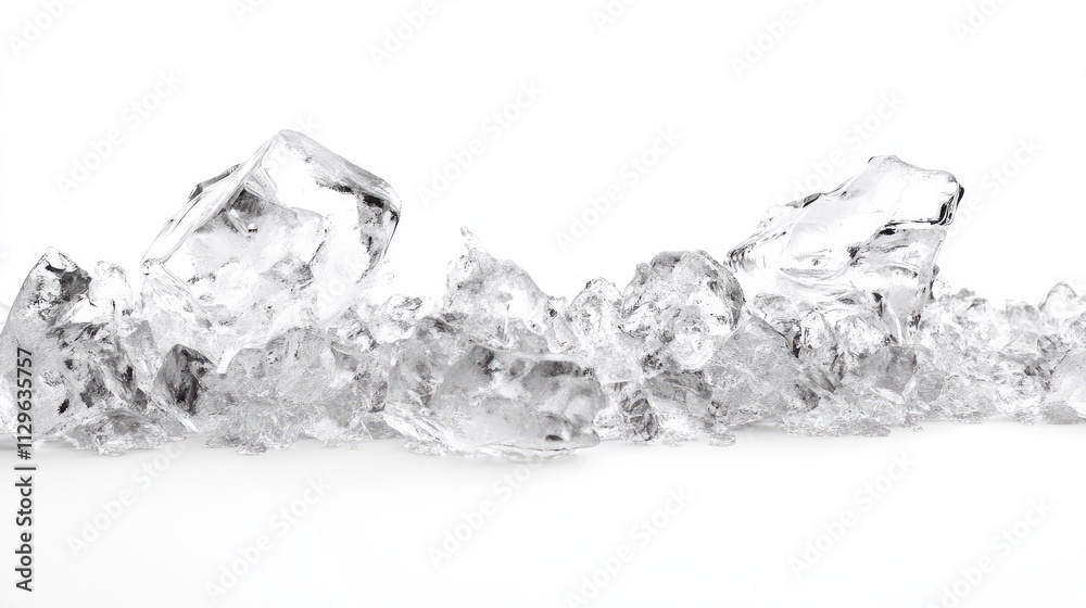 Crushed ice cubes spread on a white background.
Crushed ice cubes spread on a white background.