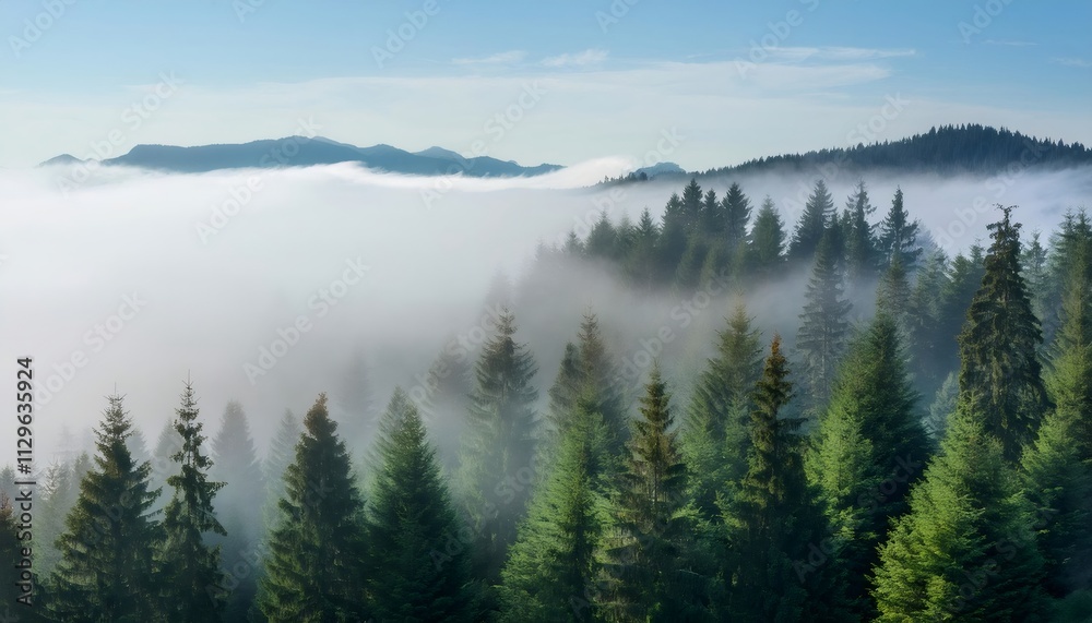 Aerial view of a mystical morning fog rolling over a green coniferous forest in a mountain valley
