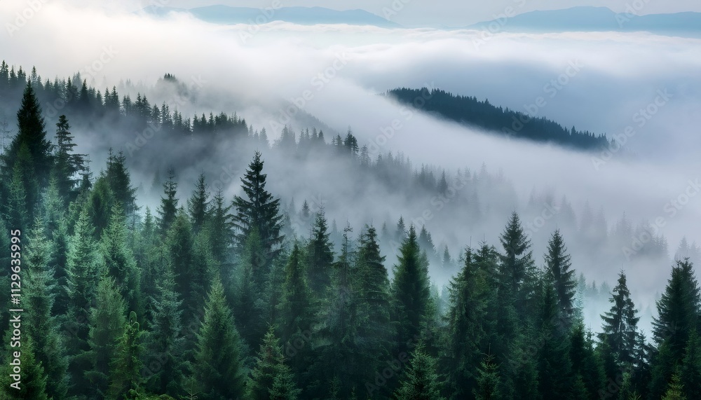 Thick layer of low clouds covering a lush coniferous forest on the mountain valley slopes