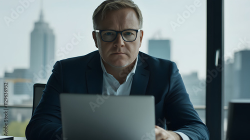 Serious businessman in glasses sits at his desk in a modern office, working on his laptop. A city skyline is visible through the large window behind him.