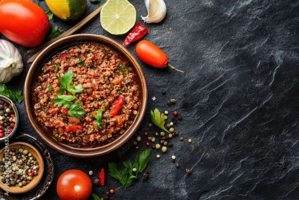 Homemade ground meat with ingredients in a bowl on a dark stone surface Overhead view Homemade ground meat with ingredients in a bowl on a dark stone surface Overhead view