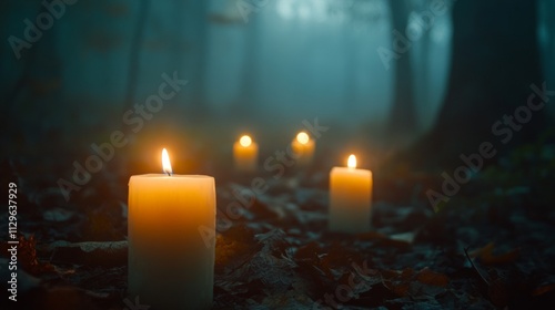 lit candles in the middle of a foggy night forest