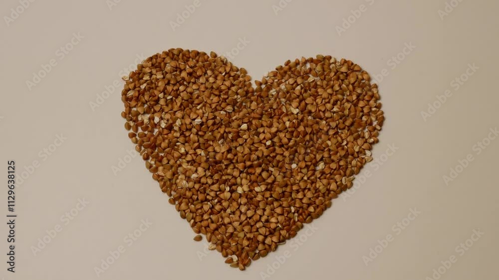 A heart made of buckwheat. The camera smoothly moves into a closer shot, allowing us to see the texture of the buckwheat grains and their natural beauty. A heart made of buckwheat. The camera smoothly moves into a closer shot, allowing us to see the texture of the buckwheat grains and their natural beauty.
