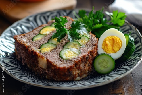 Homemade tasty German meatloaf Falscher Hase or Hackbraten is a classic dish made with pork beef boiled eggs and cucumbers photo