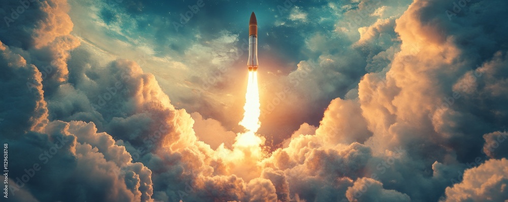 Fototapeta premium Rocket bursting through surreal cloud formations, intense upward momentum, dynamic space journey