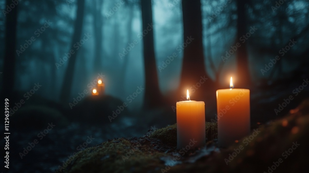 lit candles in the middle of a foggy night forest lit candles in the middle of a foggy night forest