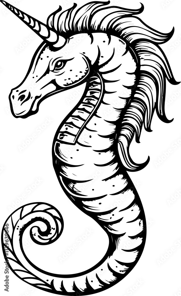 Fototapeta premium Illustration of a Mythical Unicorn Seahorse
