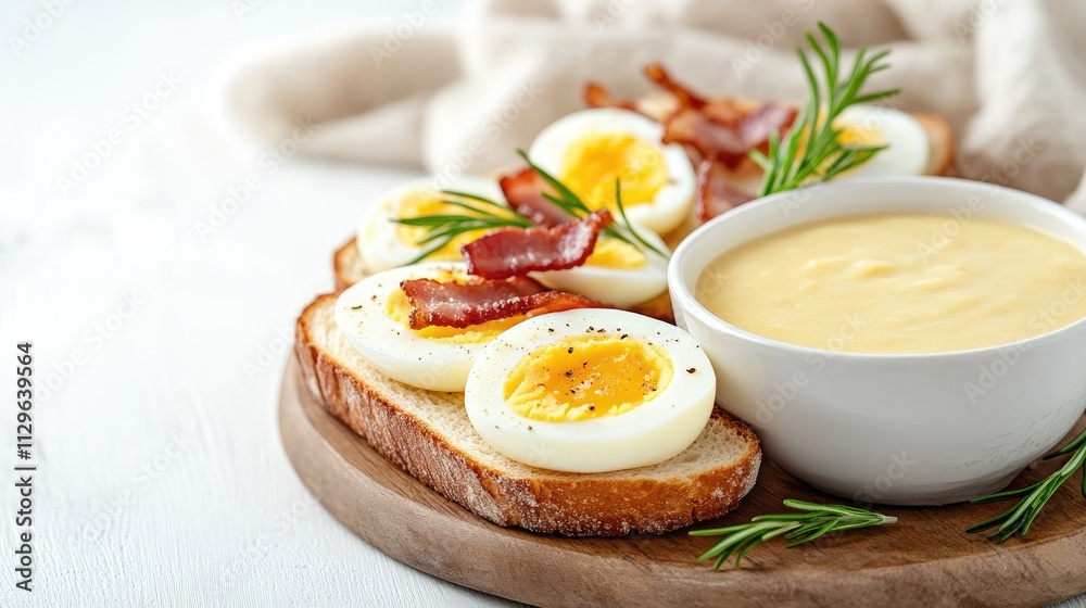 A wooden tray holds four toasted bread slices topped with perfectly fried eggs, surrounded by fresh arugula and a small bowl of olive oil. Natural light illuminates the scene A wooden tray holds four toasted bread slices topped with perfectly fried eggs, surrounded by fresh arugula and a small bowl of olive oil. Natural light illuminates the scene