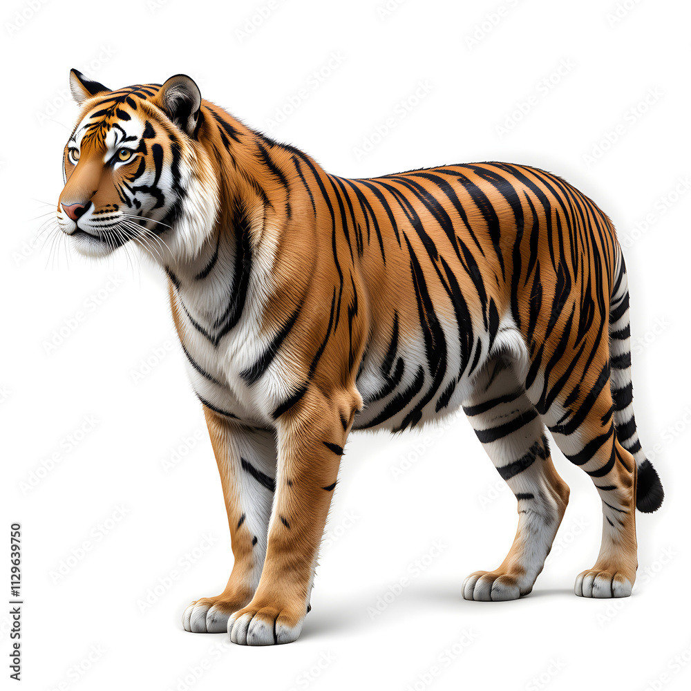 Obraz premium Tiger isolated on a white background, Side view, tiger standing full HD image generated by Ai. full body, realistic, full detail looking at the camera.