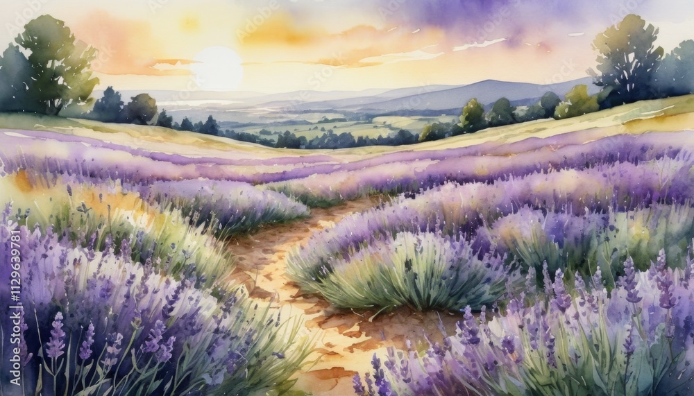 Obraz premium Blooming tranquility of springtime flowers in a vibrant watercolor landscape under a glowing sunset displaying nature's palette