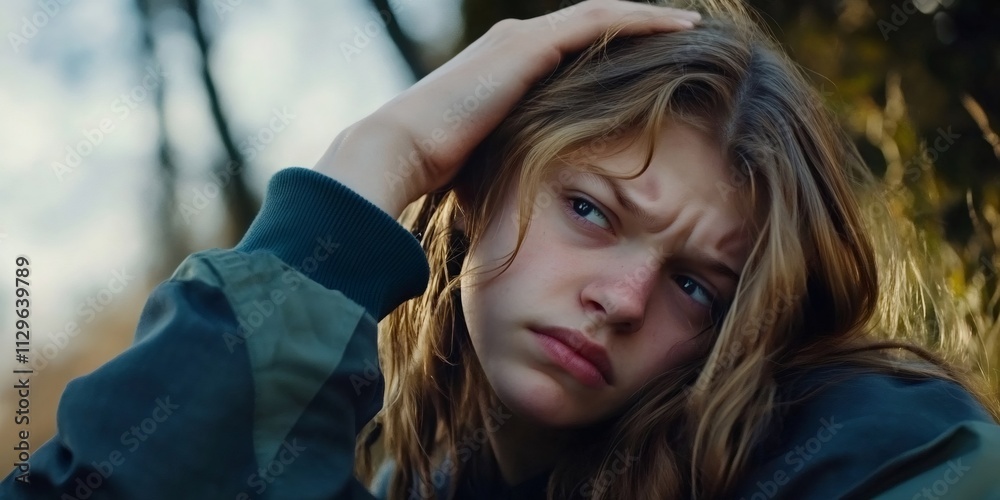 Sad teenage girl touching her hair while experiencing negative emotions in a natural outdoor setting Sad teenage girl touching her hair while experiencing negative emotions in a natural outdoor setting