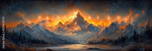 Serene landscape with mountains and rivers where religious symbols are etched into the clouds glowing softly in the light of the setting sun photo