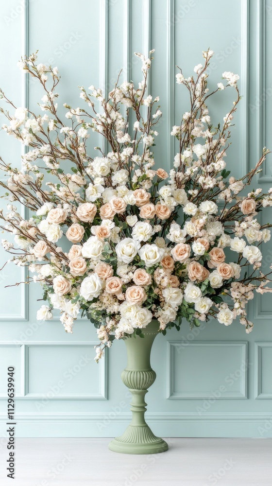 Fototapeta premium A bouquet of white and peach roses with eucalyptus leaves is displayed in a green vase by a window. Sunlight filters through, enhancing the peaceful indoor setting