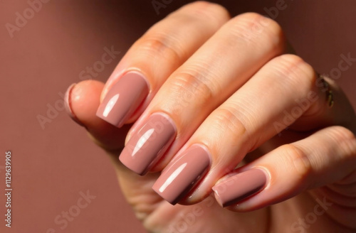 Wallpaper Mural Close-up of manicured nails in nude pink polish on a hand with a soft brown background. Torontodigital.ca