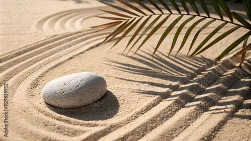 Zen Stone On Raked Sand With Shadow Palm Leaves.